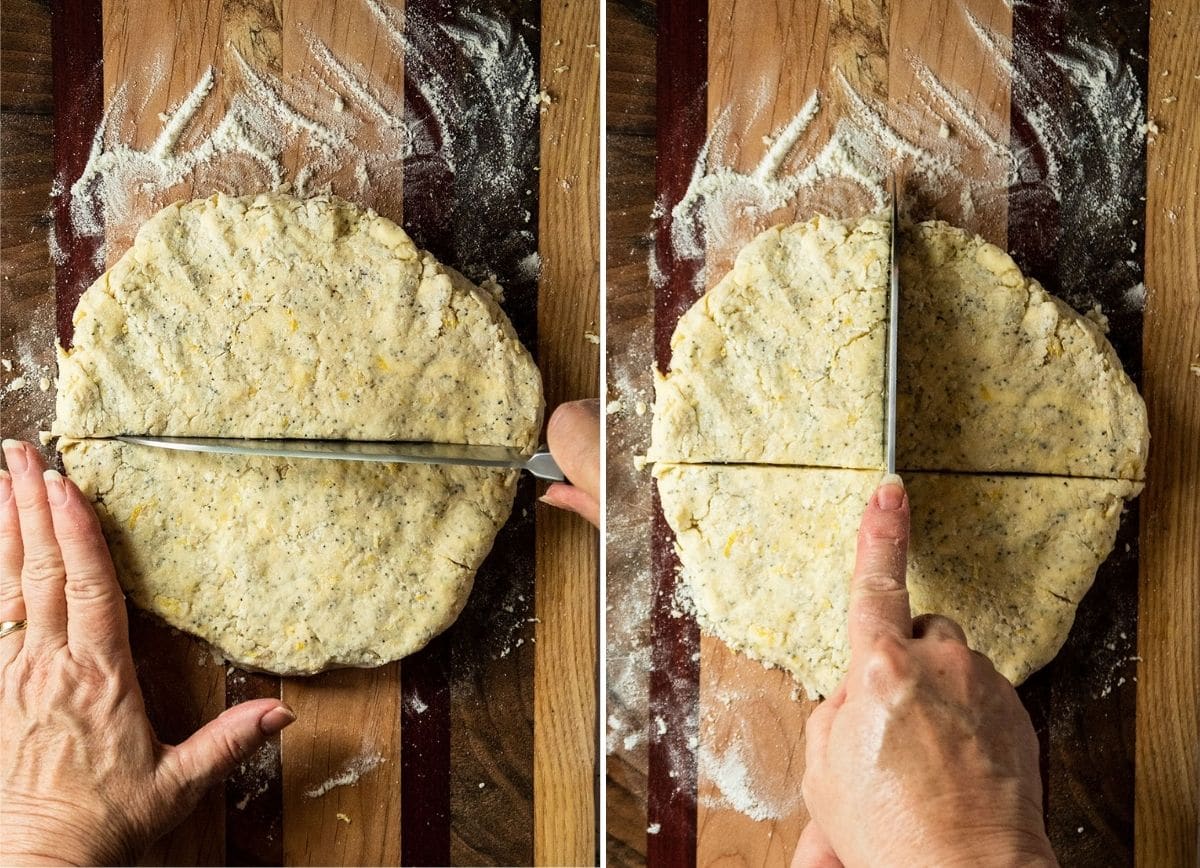 Cutting scones into shape with a large knife.