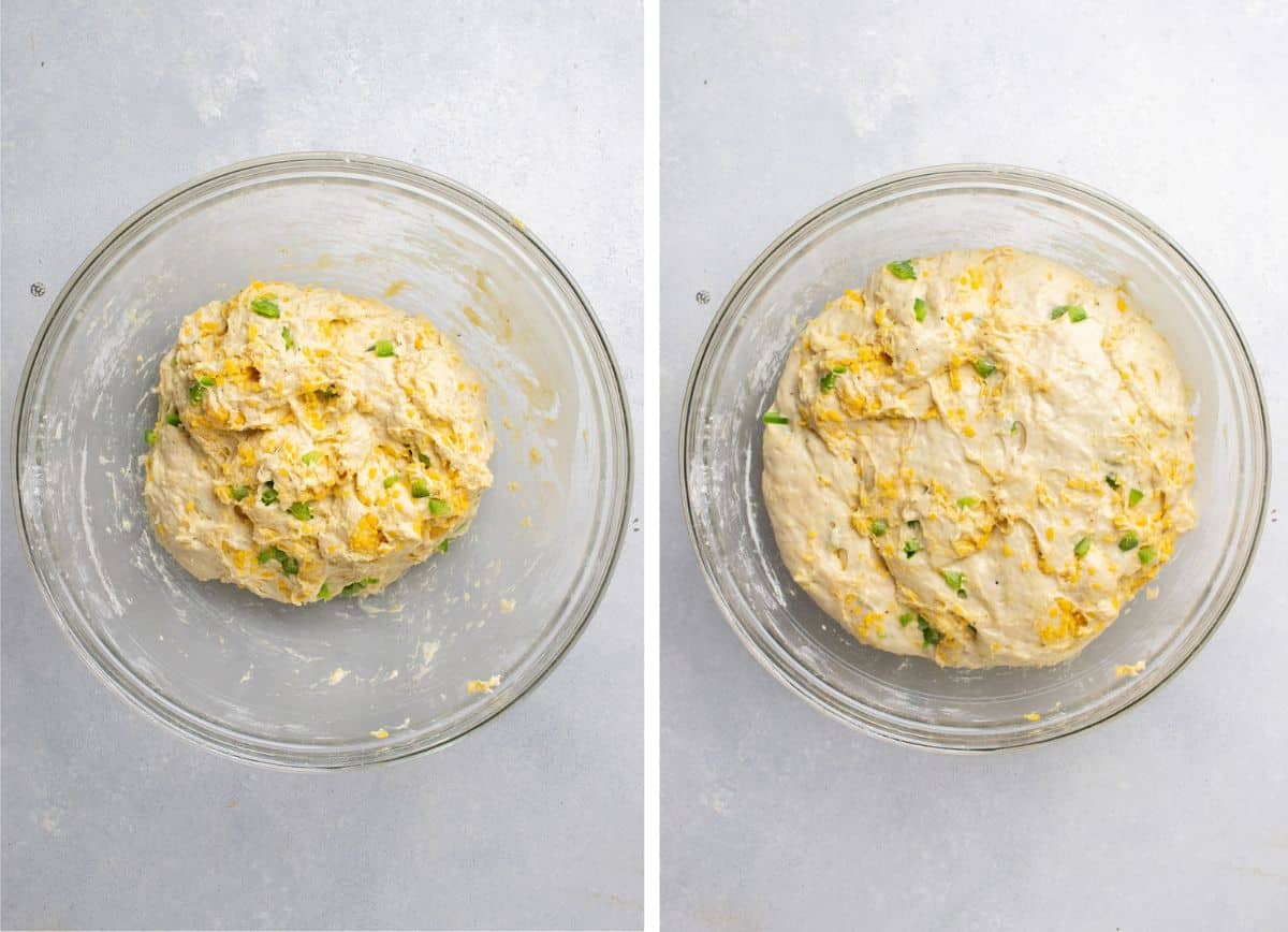 Jalapeno cheese dough rising in a large glass bowl.