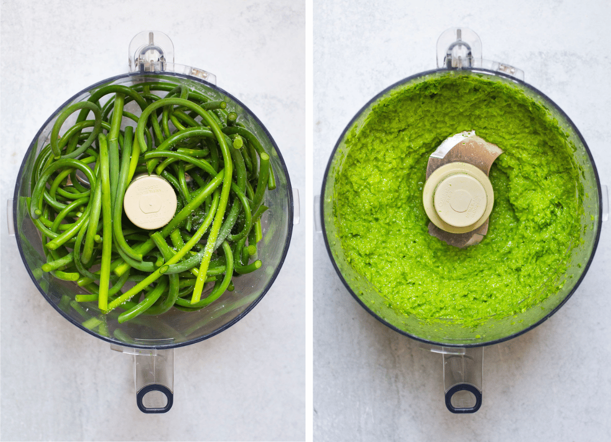 Garlic scapes in the bowl of a food processor.