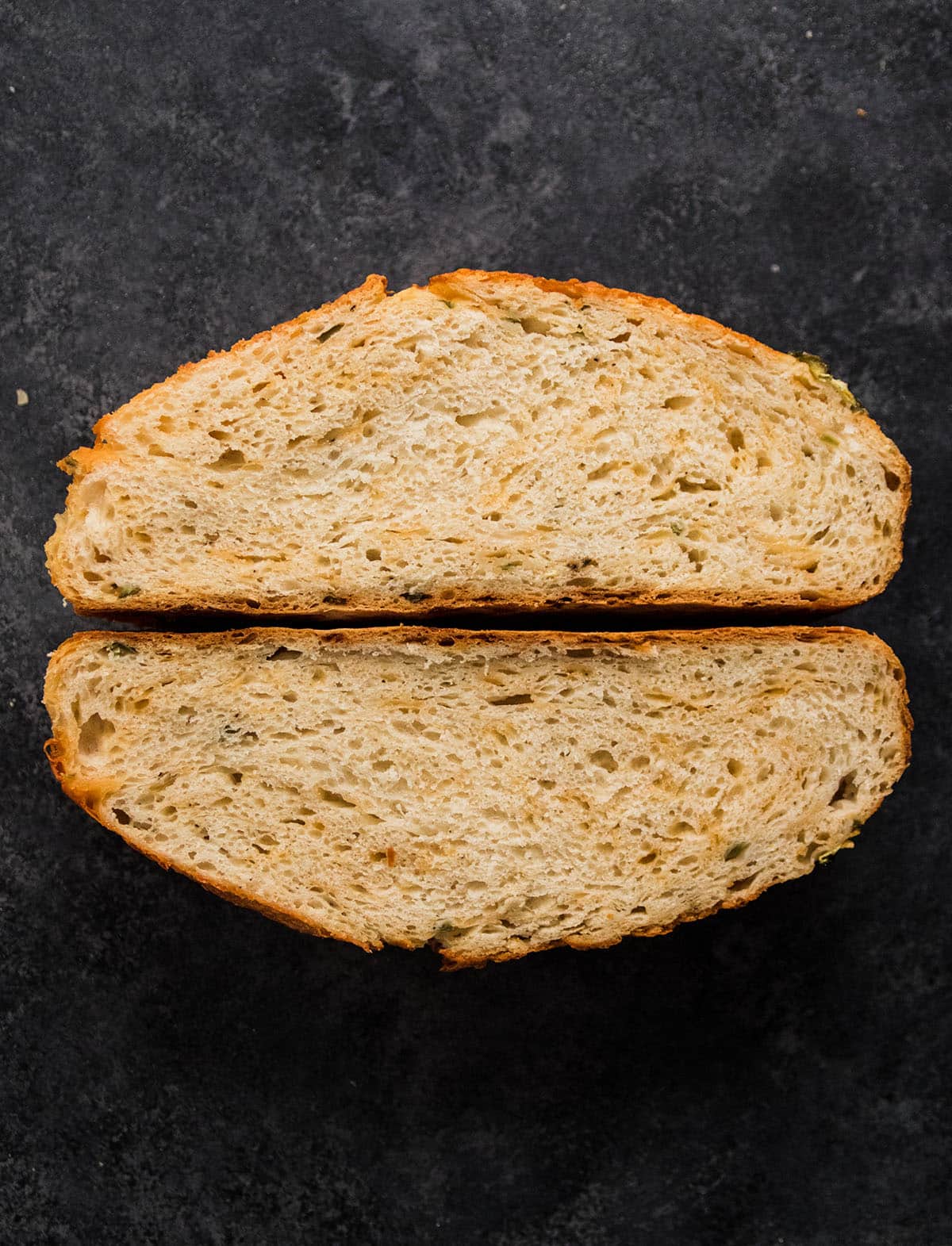 Bread cut in half to reveal interior crumb.