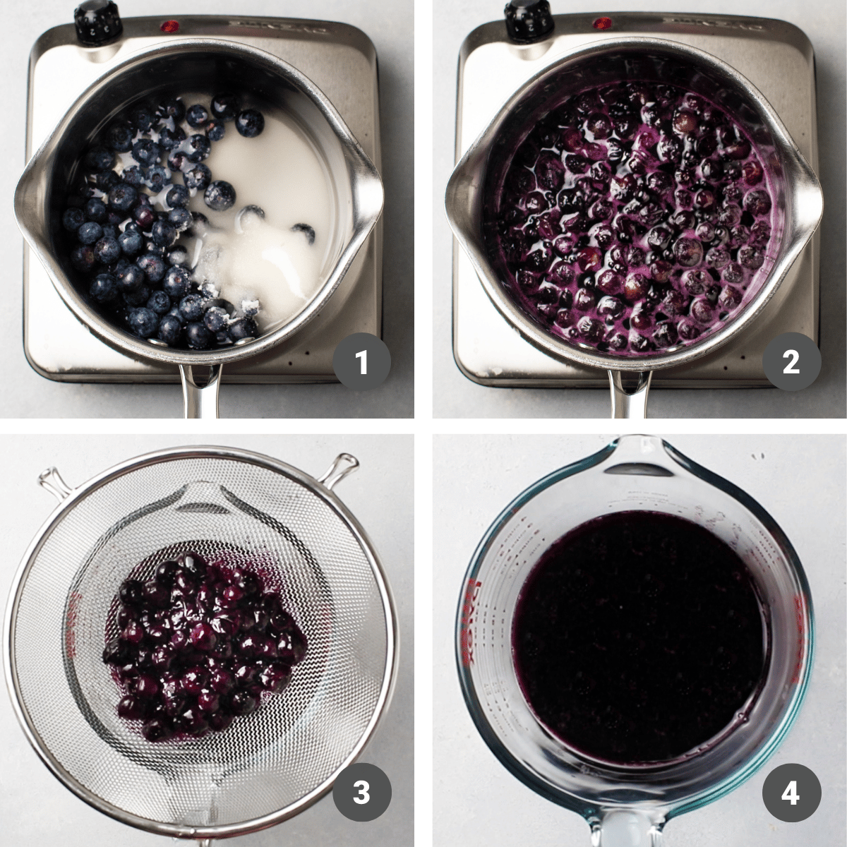Blueberries, sugar, and water simmering in a small saucepan.