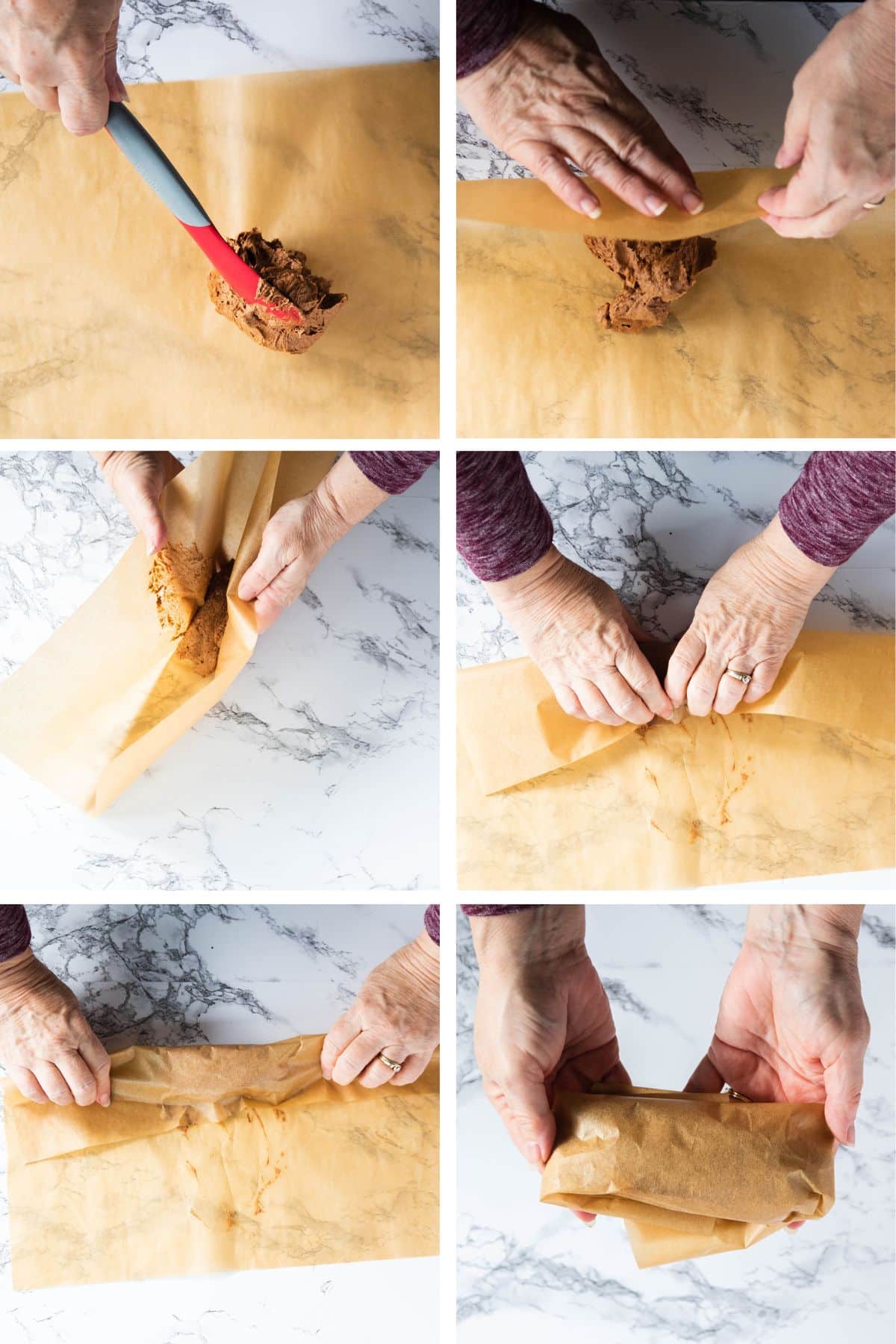 Woman's hands pressing cinnamon butter into shape with a piece of parchment paper.
