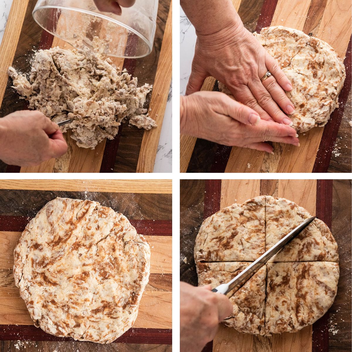 Woman's hands patting scone dough into a circle on a wood cutting board.