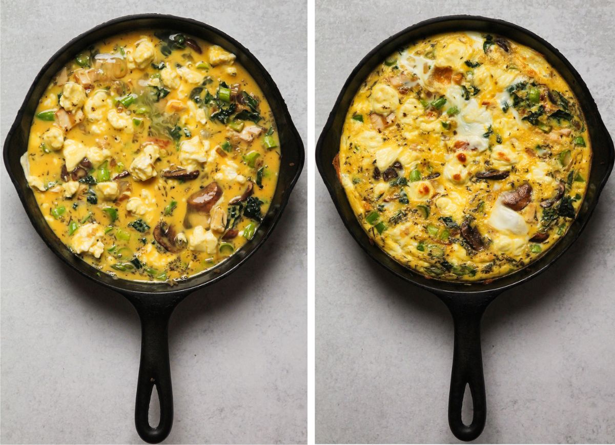 Turkey frittata in a cast iron skillet, before and after baking.