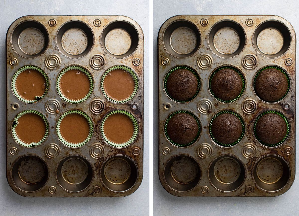 Six cupcake liners filled with batter in a large baking tin.