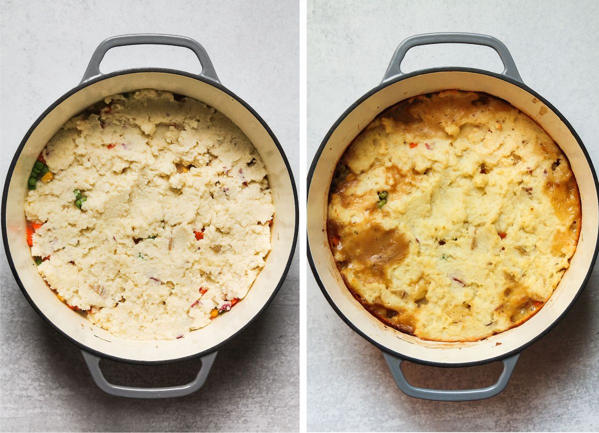 Overhead view of turkey mashed potato pie, before and after baking.