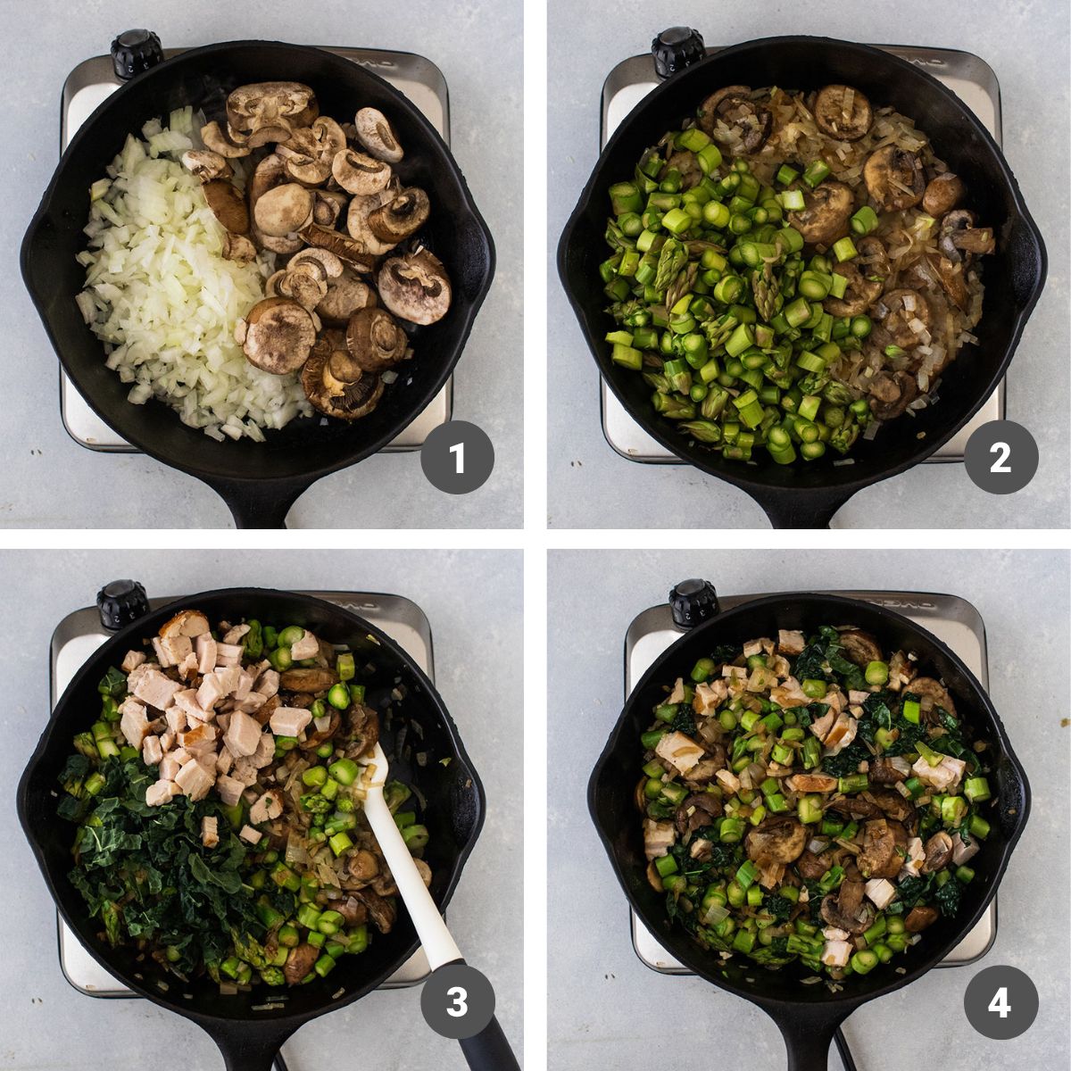 Cooking mushrooms and veggies in a cast iron skillet.
