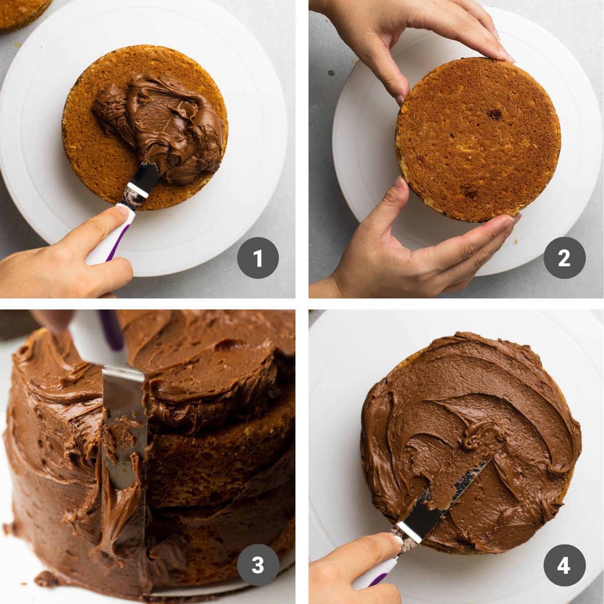 Offset spatula spreading chocolate frosting over cake.