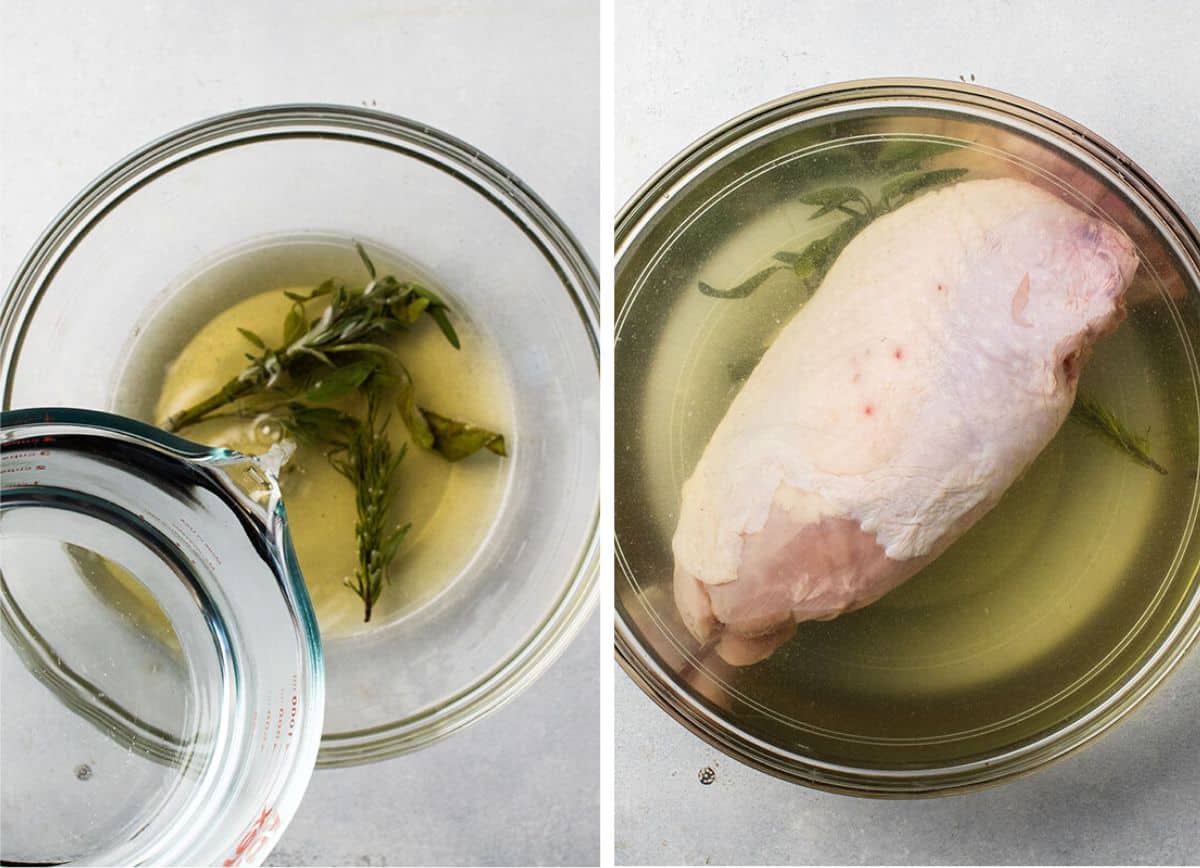 Turkey breast in brine in a large glass mixing bowl.