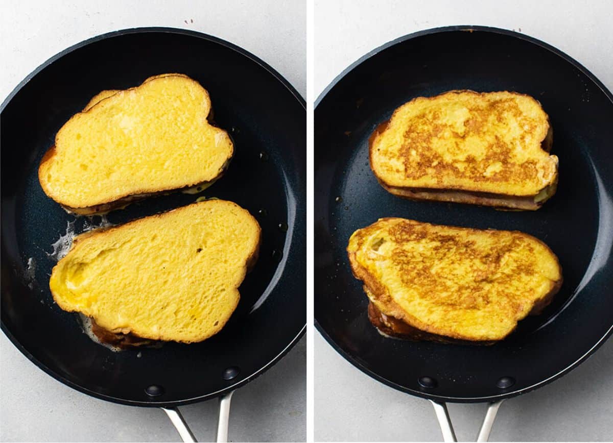 Cooking two pieces of french toast in a large skillet.