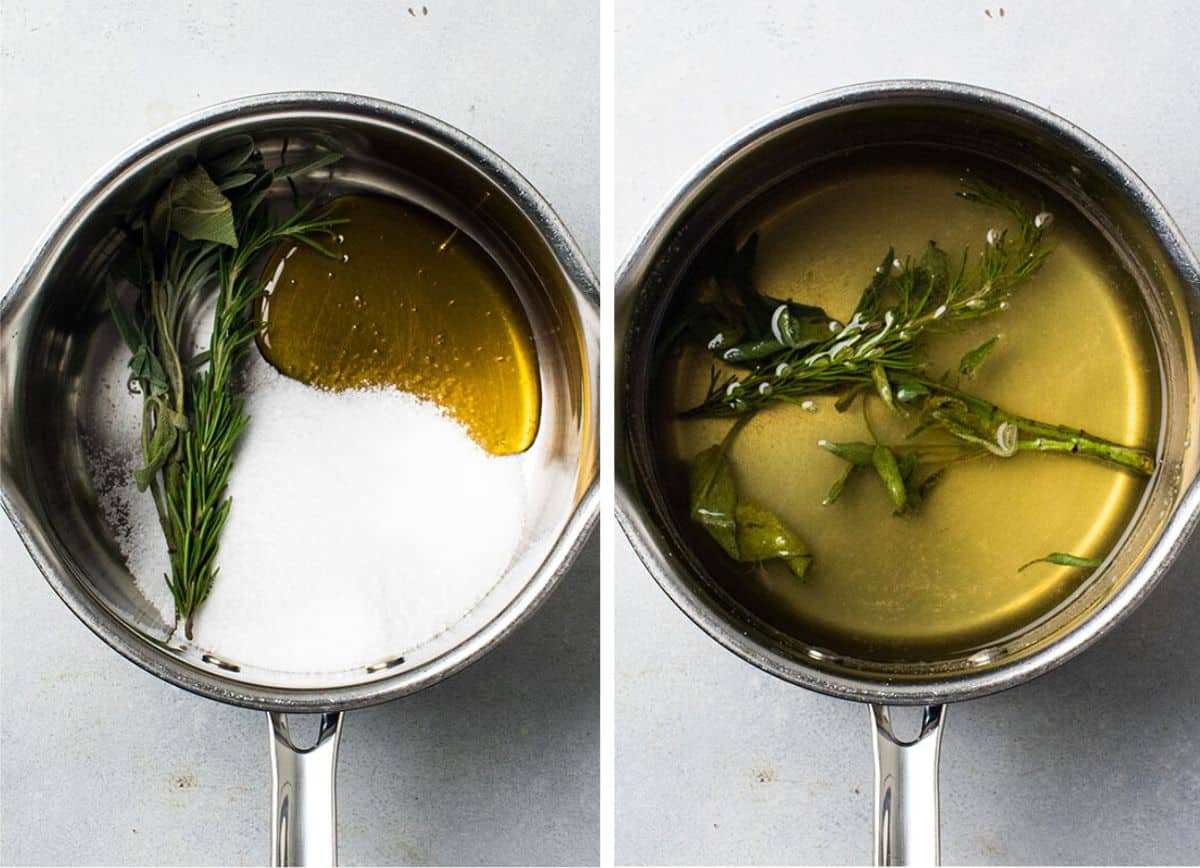 Salt, honey, and herbs in a small saucepan.
