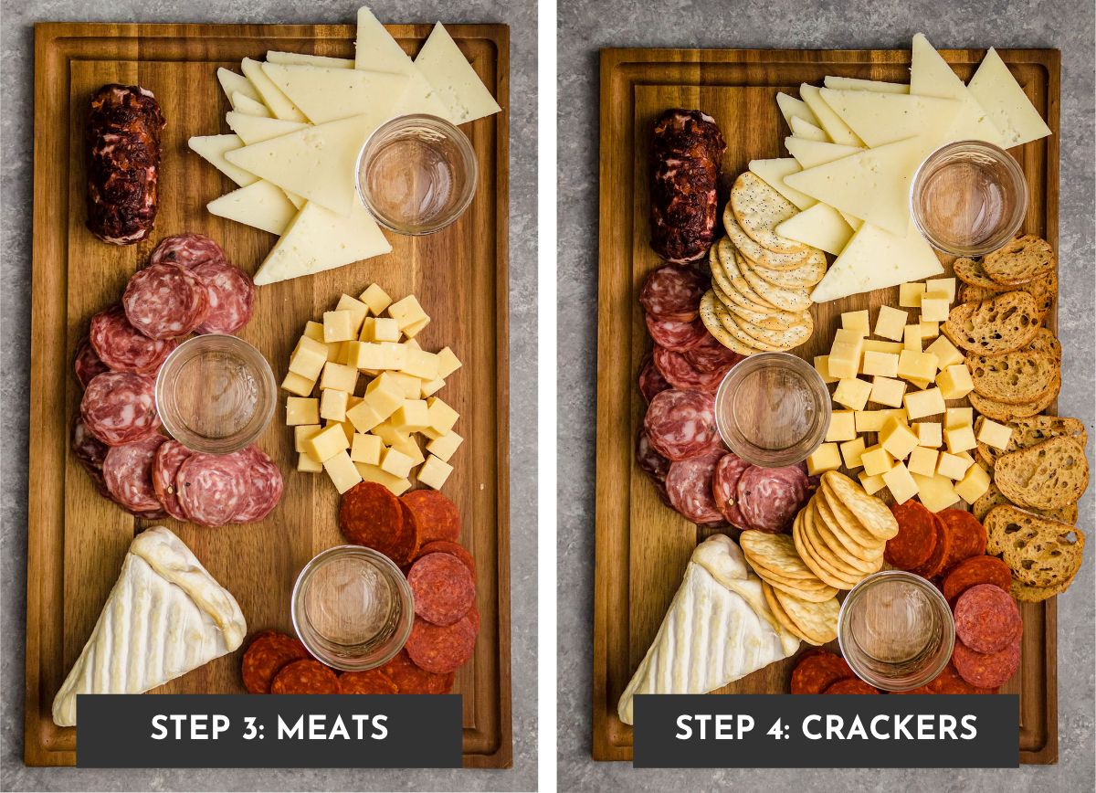 Adding charcuterie and crackers to the cheese board.