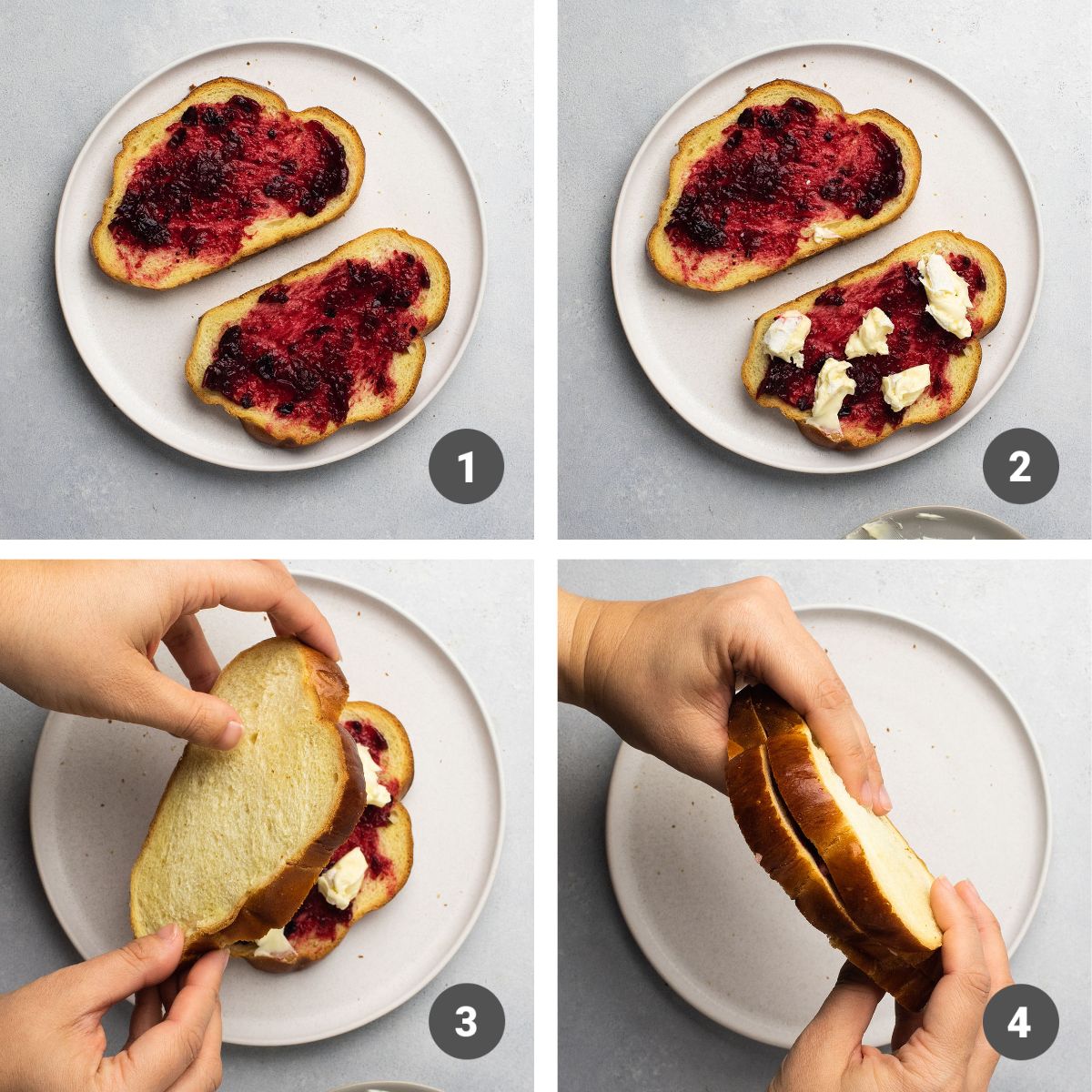 Layering cranberry sauce and brie onto slices of challah bread.