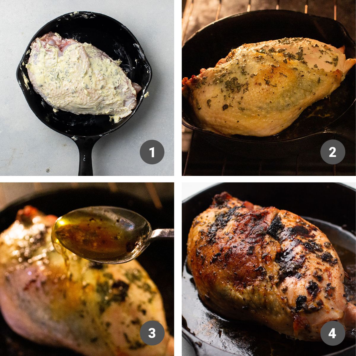 Using a spoon to baste a turkey breast as it cooks in a cast iron skillet.
