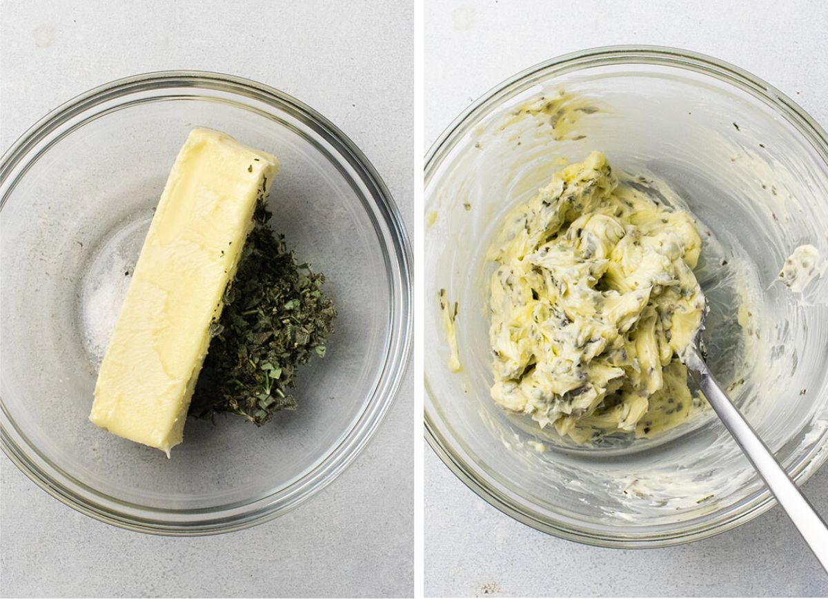 Stirring butter and herbs together in a small glass mixing bowl.
