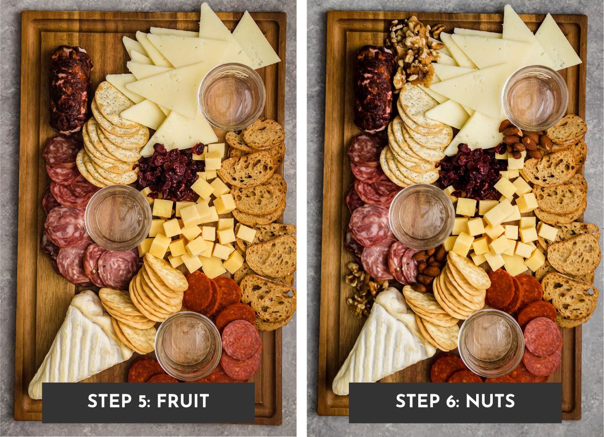 Adding dried cranberries, walnuts, and almonds to the cheese plate.