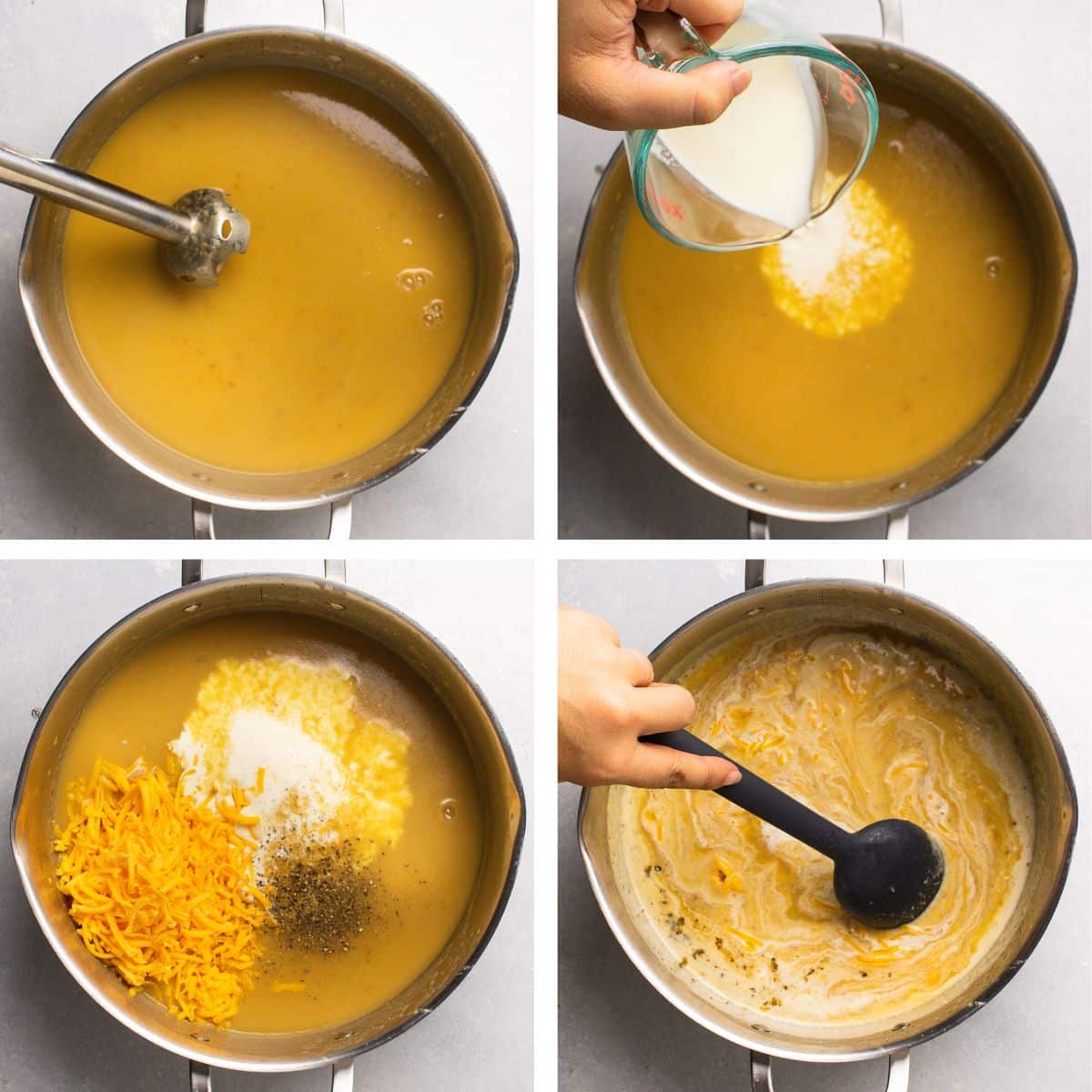 Stirring cheese and heavy cream into a pot of soup with a black spoon.
