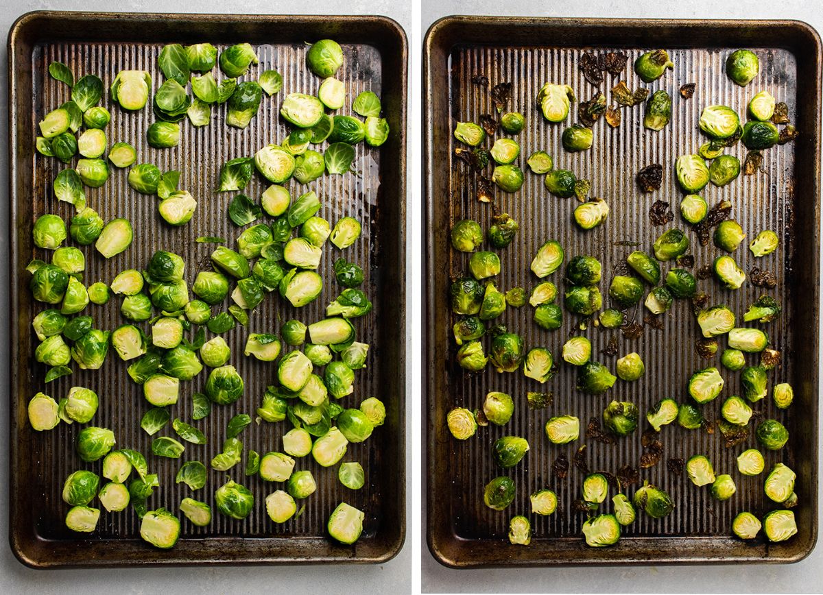 Brussels sprouts on a large metal baking sheet.