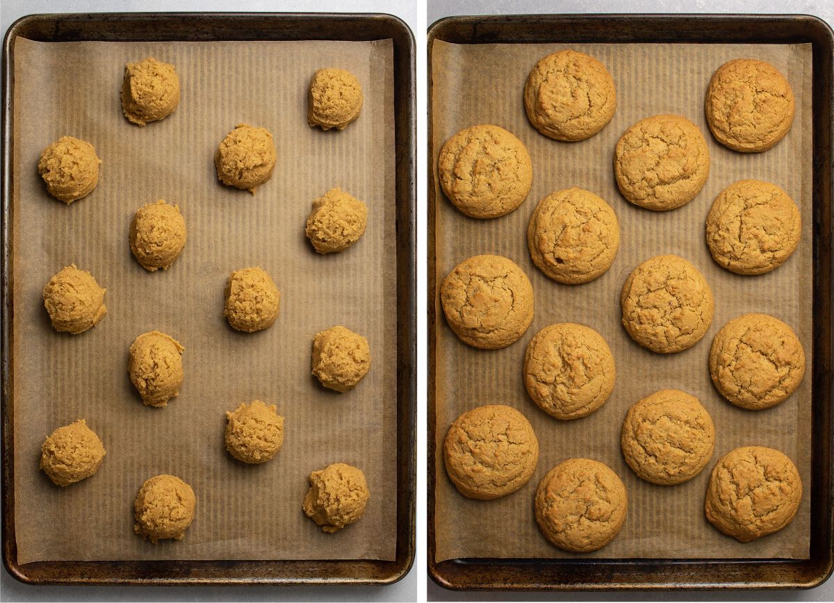 Brown sugar cookie dough balls on a large baking sheet lined with parchment paper.