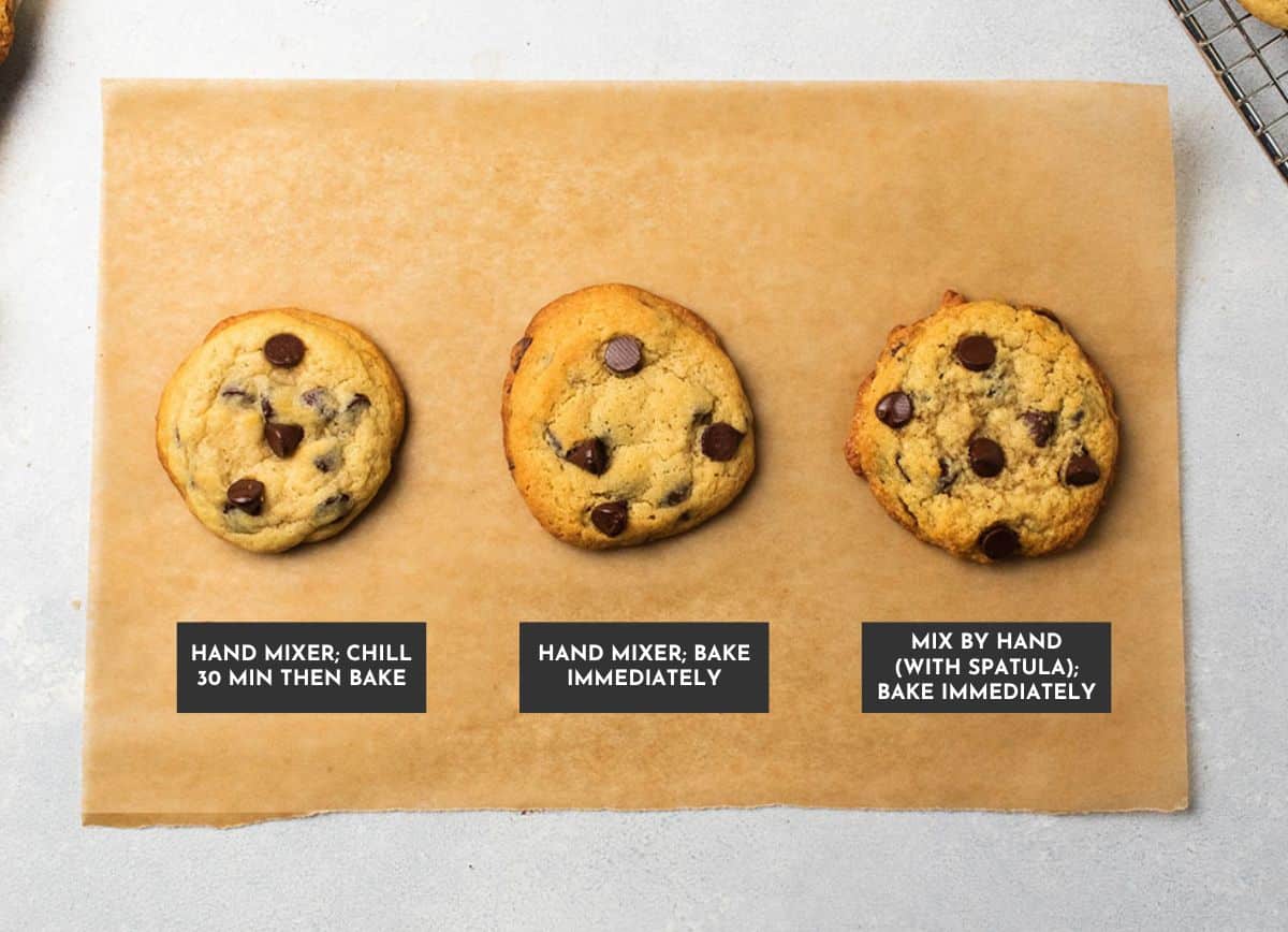 Three cookies made with different mixing methods.