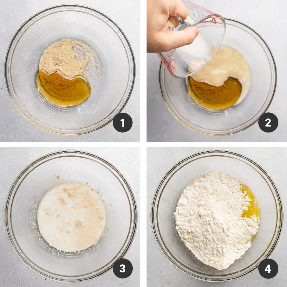 Mixing yeast, honey, and water in a glass mixing bowl.