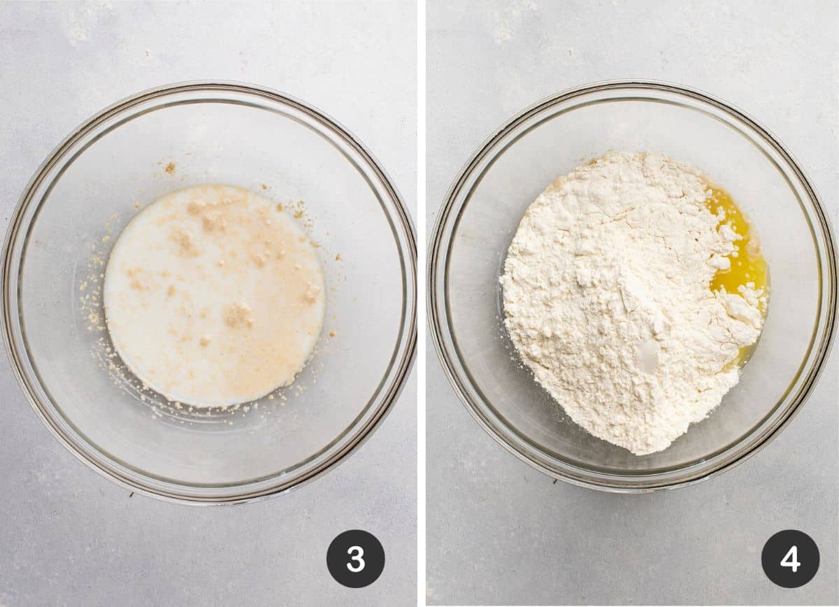 Adding flour to yeast after it's proofed.
