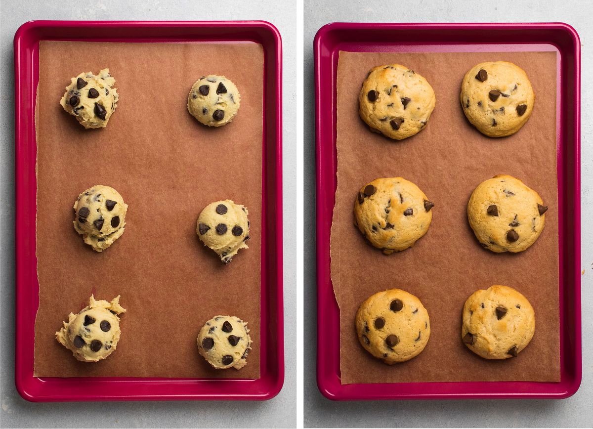 Chocolate chip cookies on a pink baking sheet lined with parchment paper.
