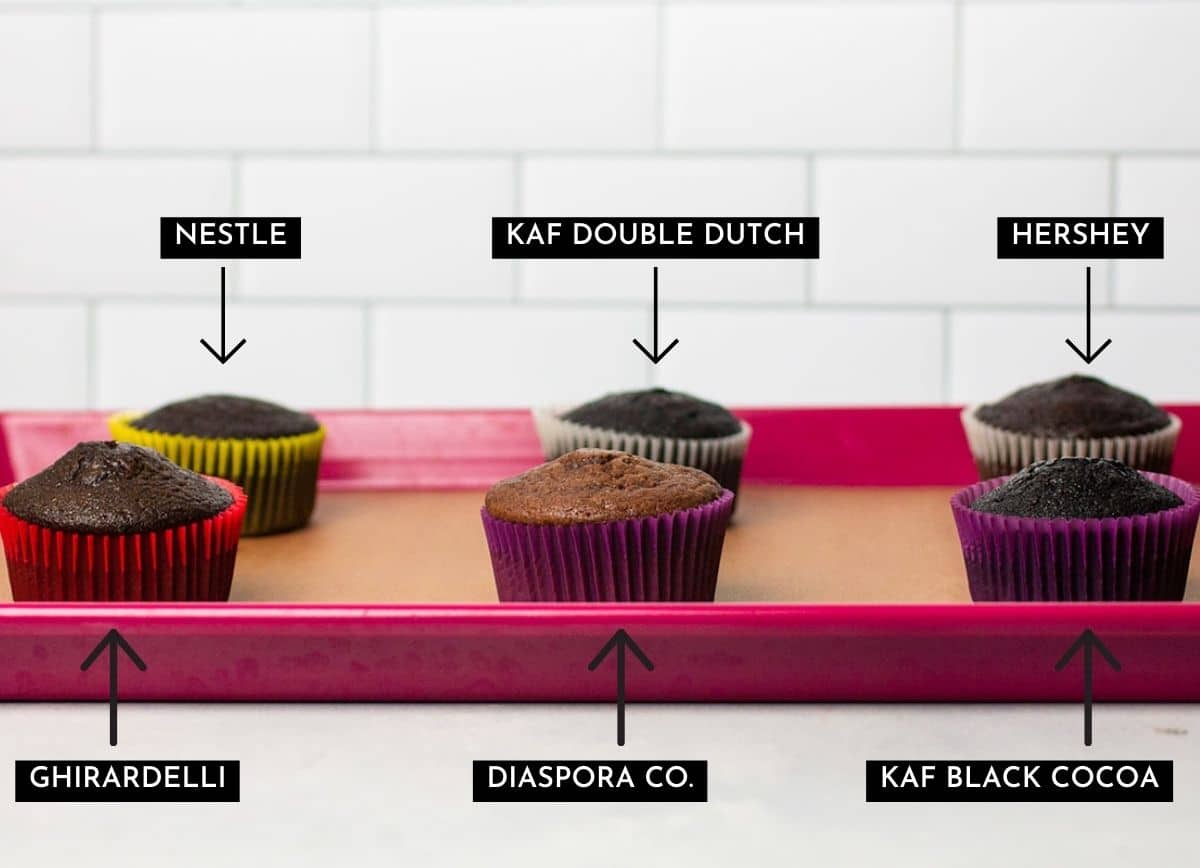 Six chocolate cupcakes on a sheet pan, each with varying height and color.