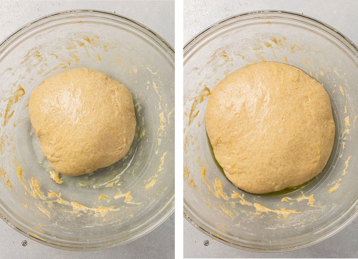 Pizza dough in a large glass bowl, before and after rising.