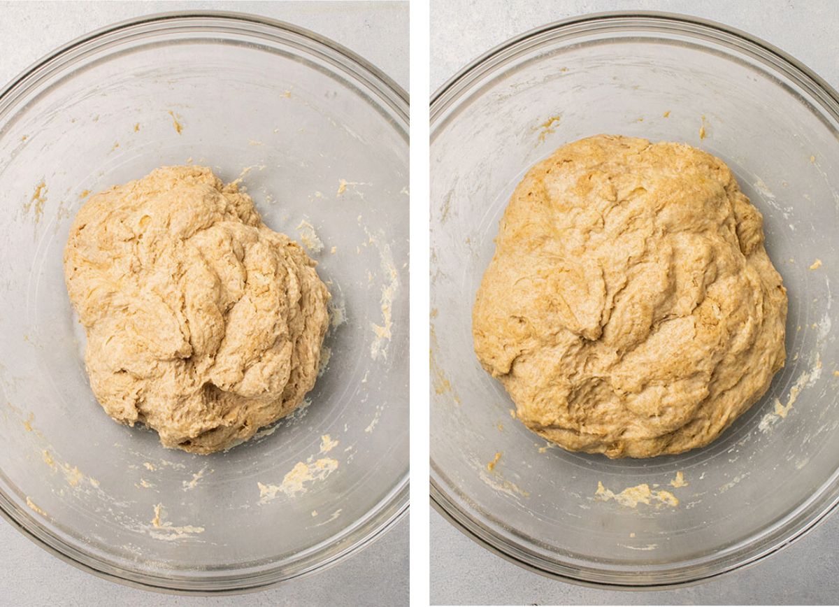 Side by side photos of whole wheat pizza dough in a glass bowl, before and after rising.