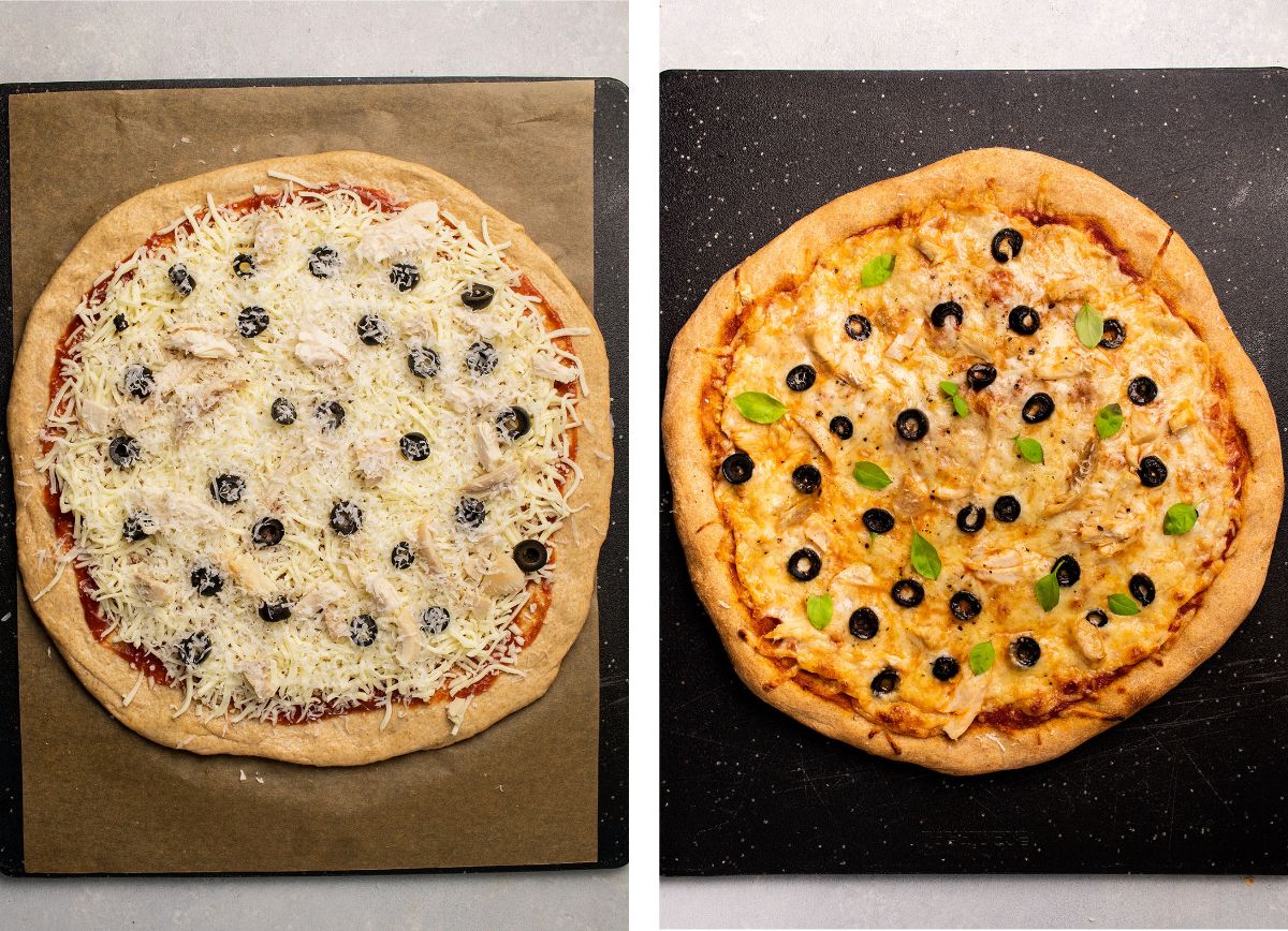 Pizza topped with shredded cheese and black olives, before and after baking.