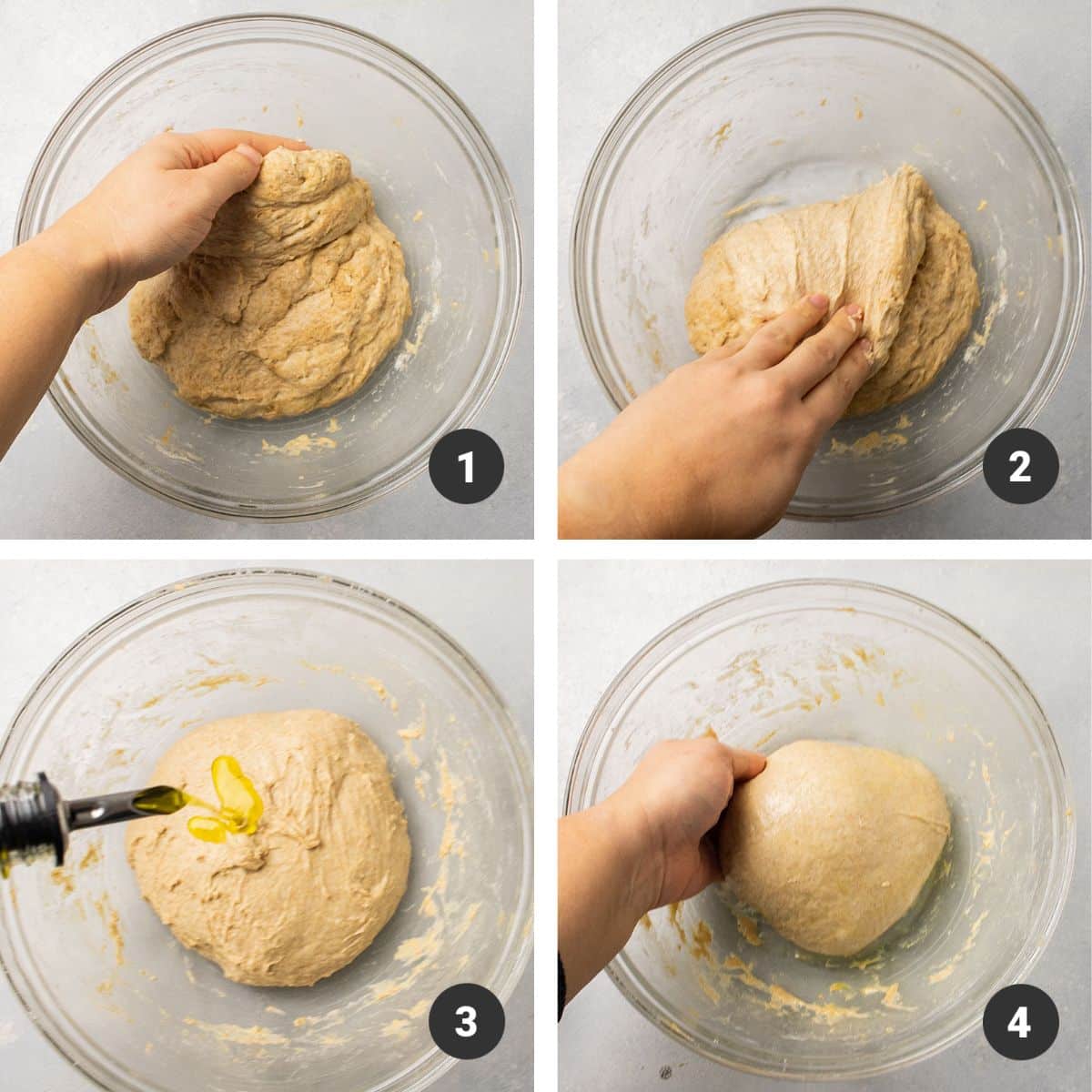 Hands folding wheat pizza dough over on itself.