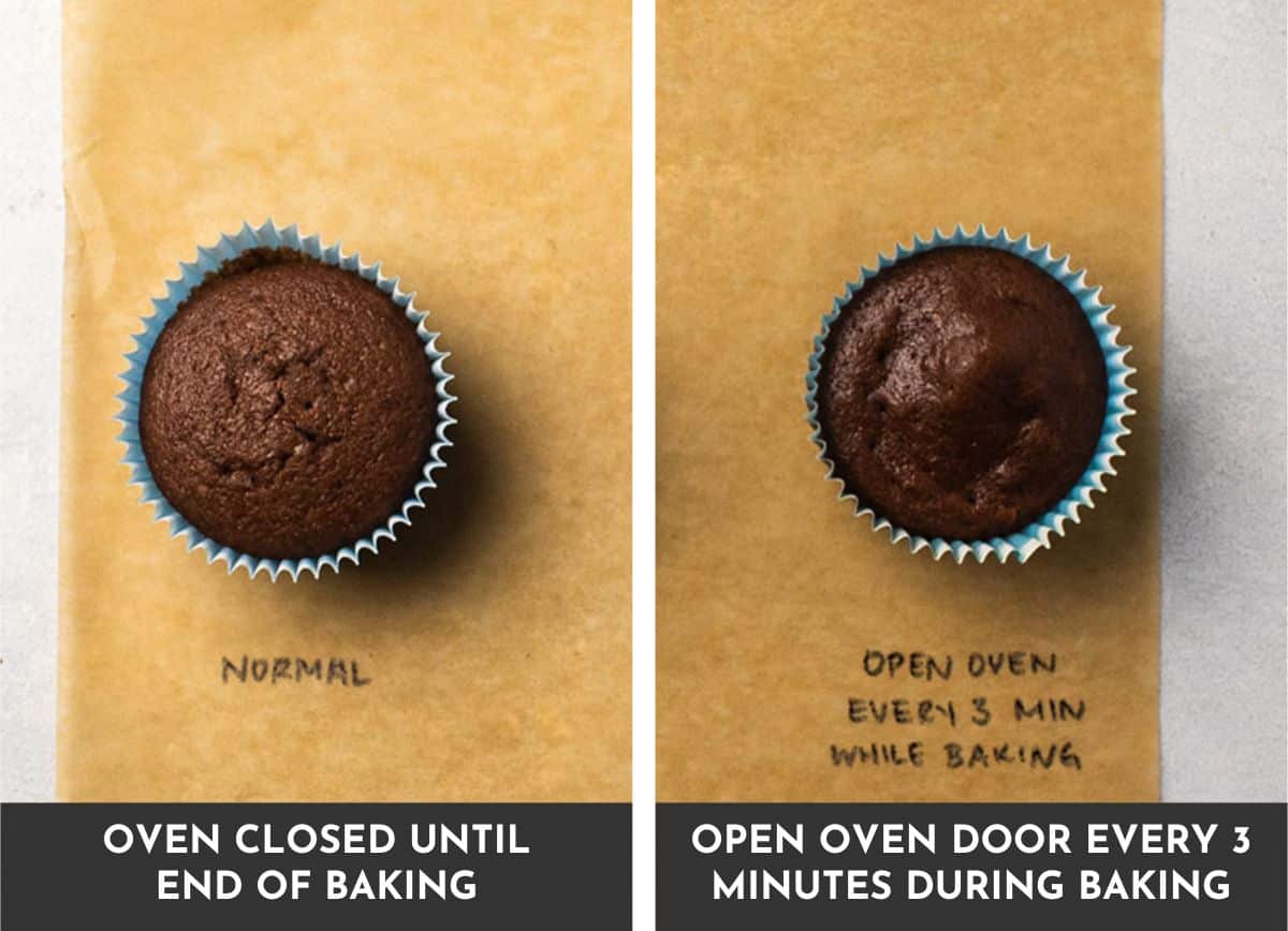 Two chocolate cupcakes, one with a dense texture after the oven door opened during baking.