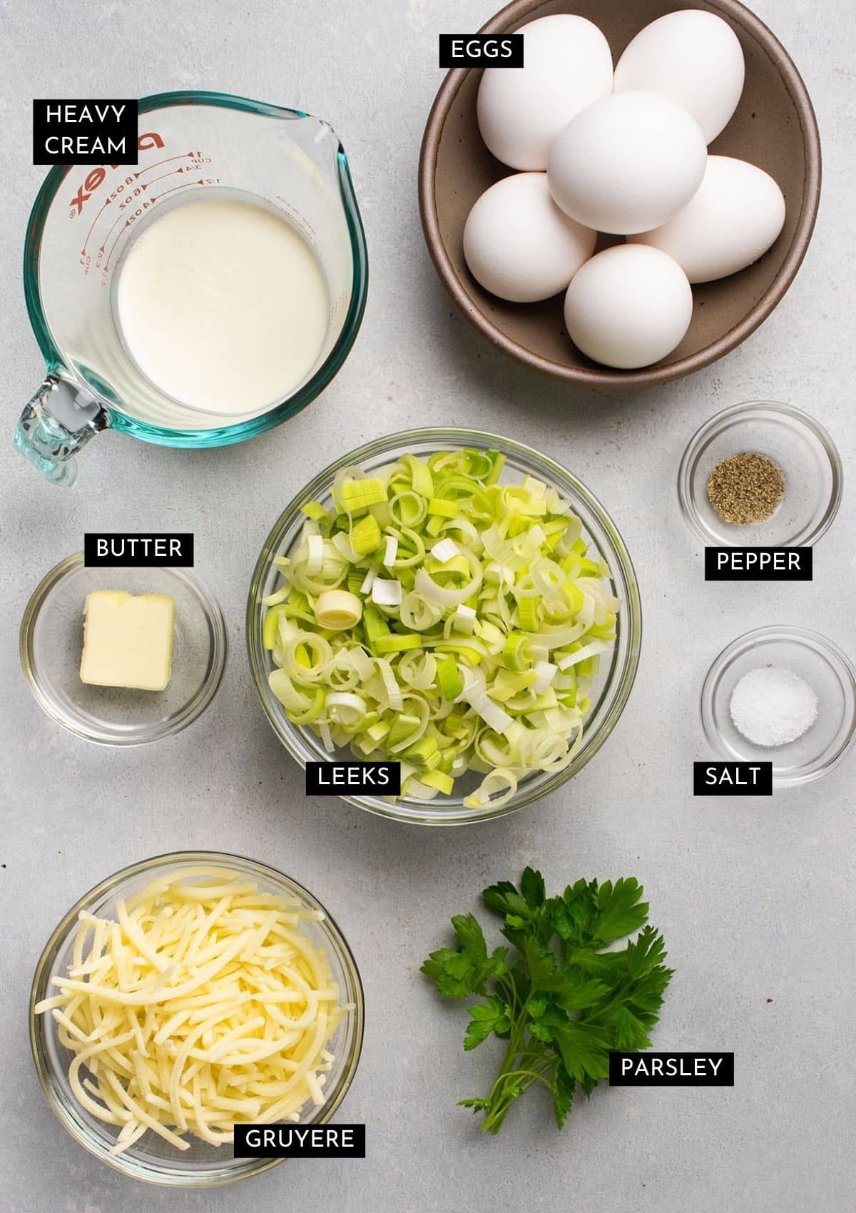 Recipe ingredients organized into individual glass bowls.