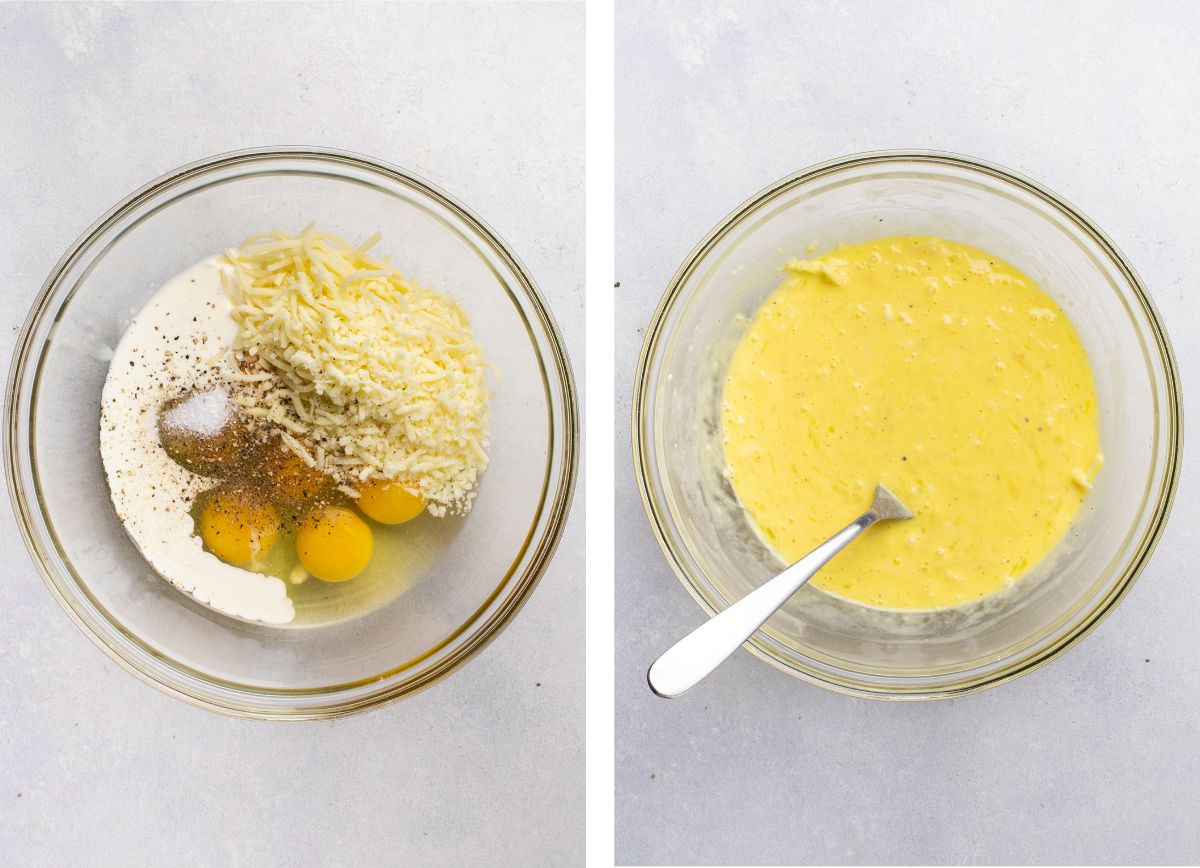 Whisking eggs, cream, and cheese together in a glass mixing bowl.
