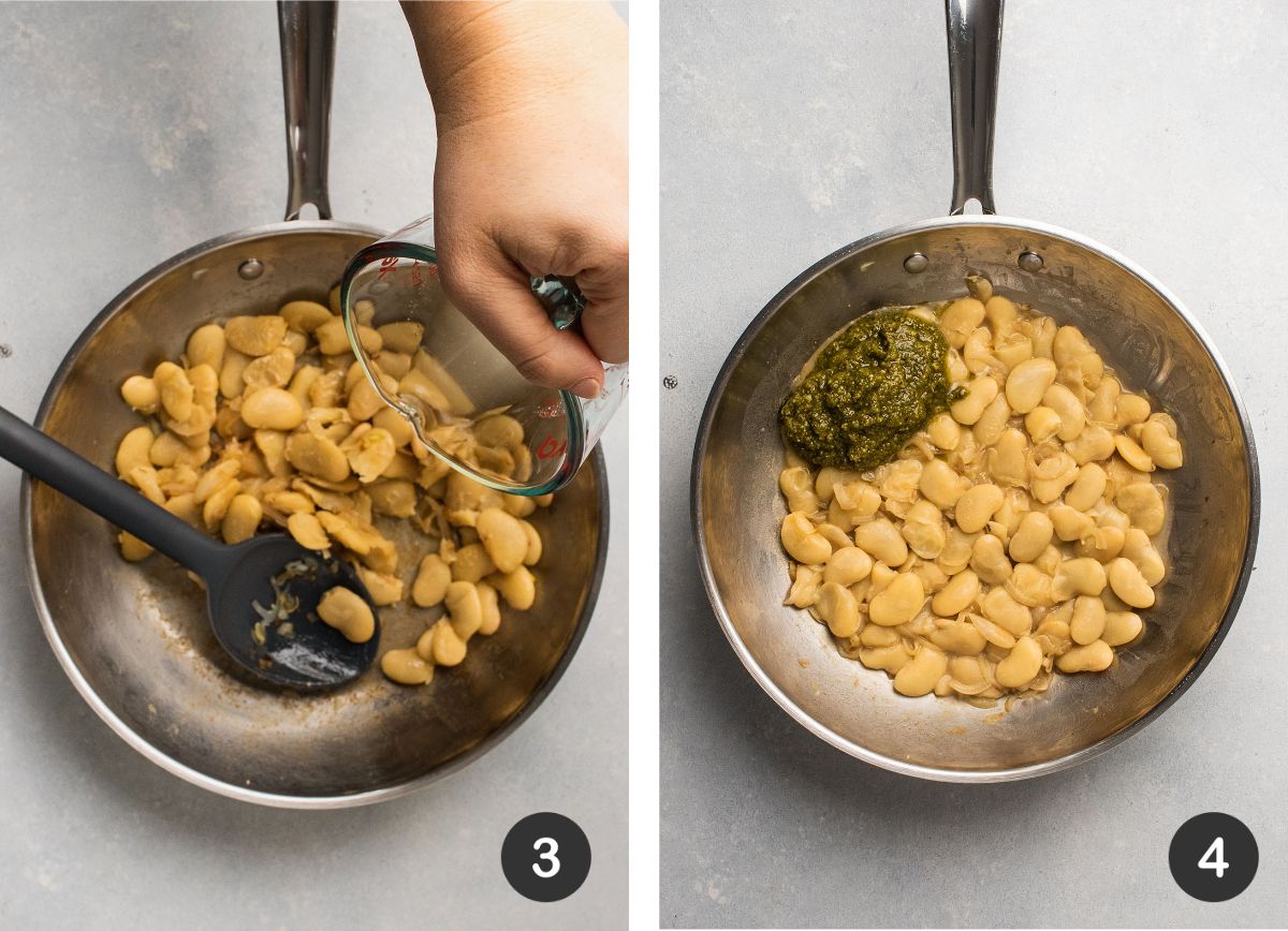 Stirring broth and pesto into butter beans.