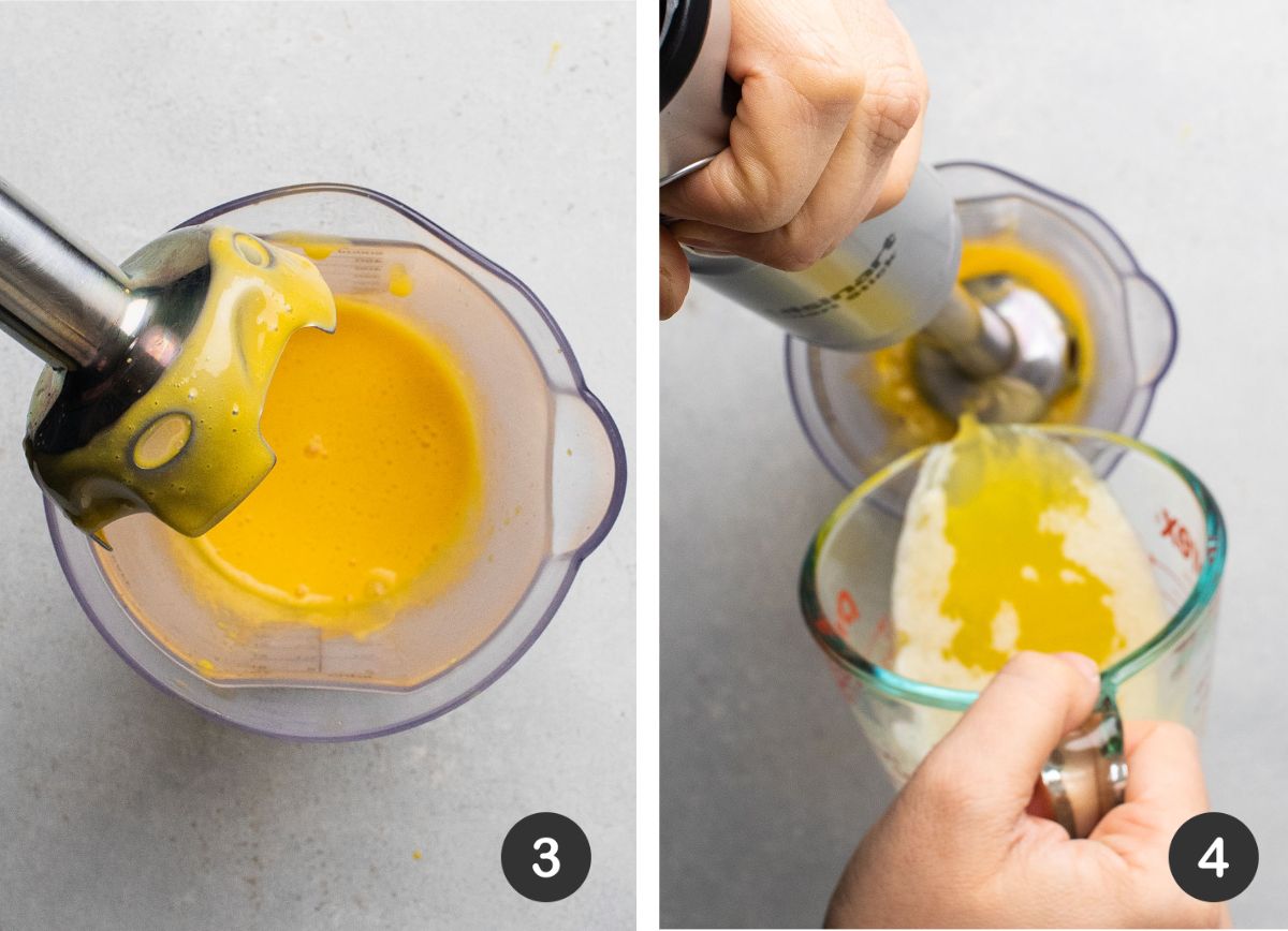 Adding hot butter to egg yolks with the immersion blender running.