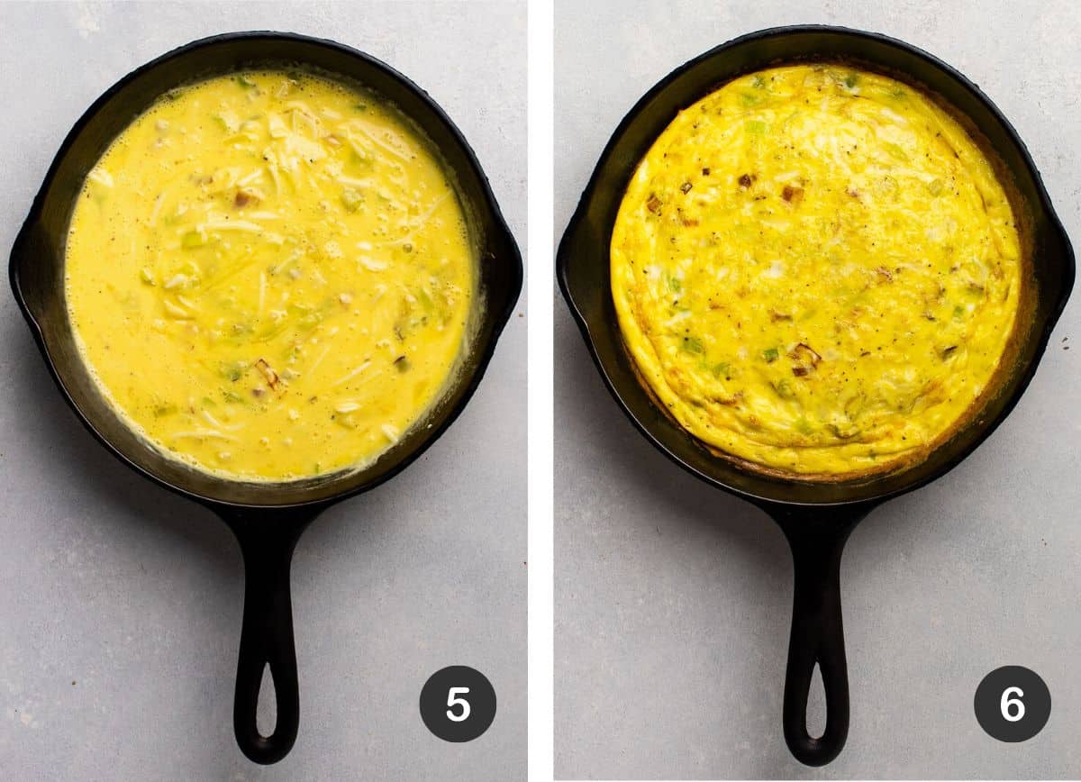 Frittata in a cast iron skillet, before and after baking.