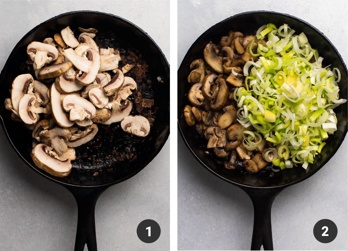 Mushrooms and leeks in a cast iron skillet.