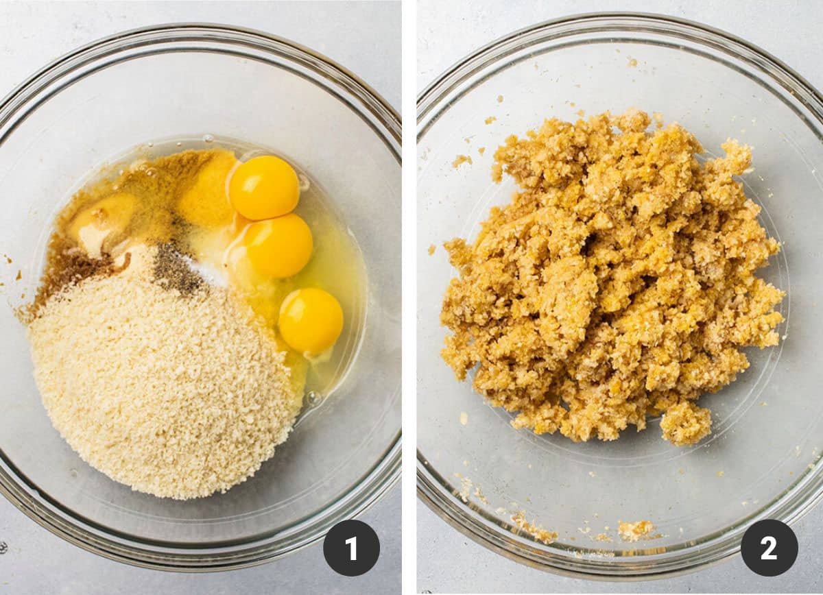 Mixing eggs, bread crumbs, and seasonings in a large glass bowl.