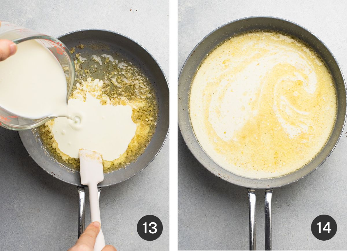 Pouring heavy cream into skillet with garlic and butter.