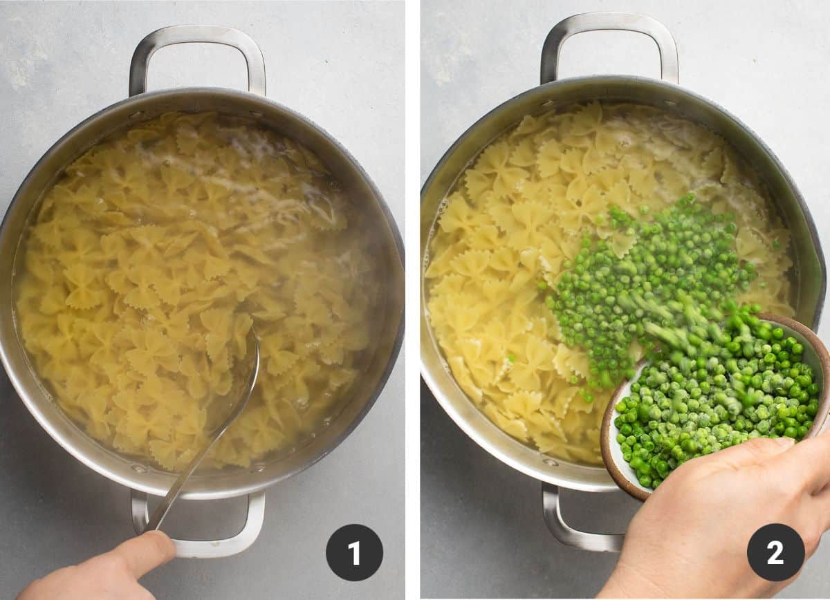 Adding peas to pasta as it cooks in a large pot.