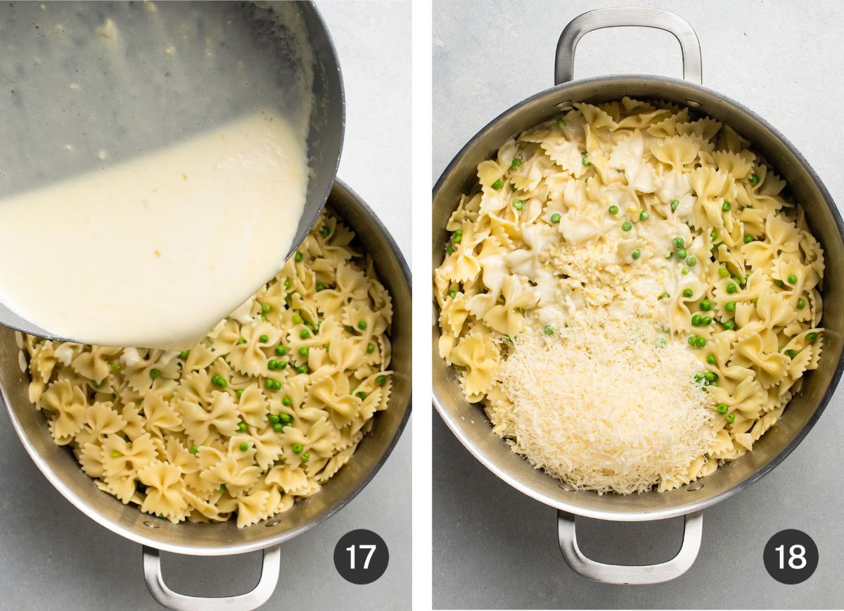 Stirring cream sauce and parmesan cheese into cooked pasta.