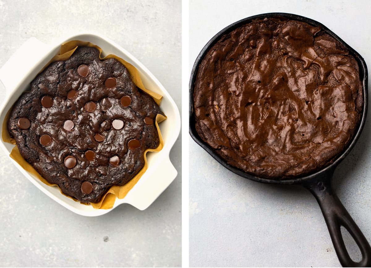 Small batch brownies in a cast iron skillet and a white casserole dish.