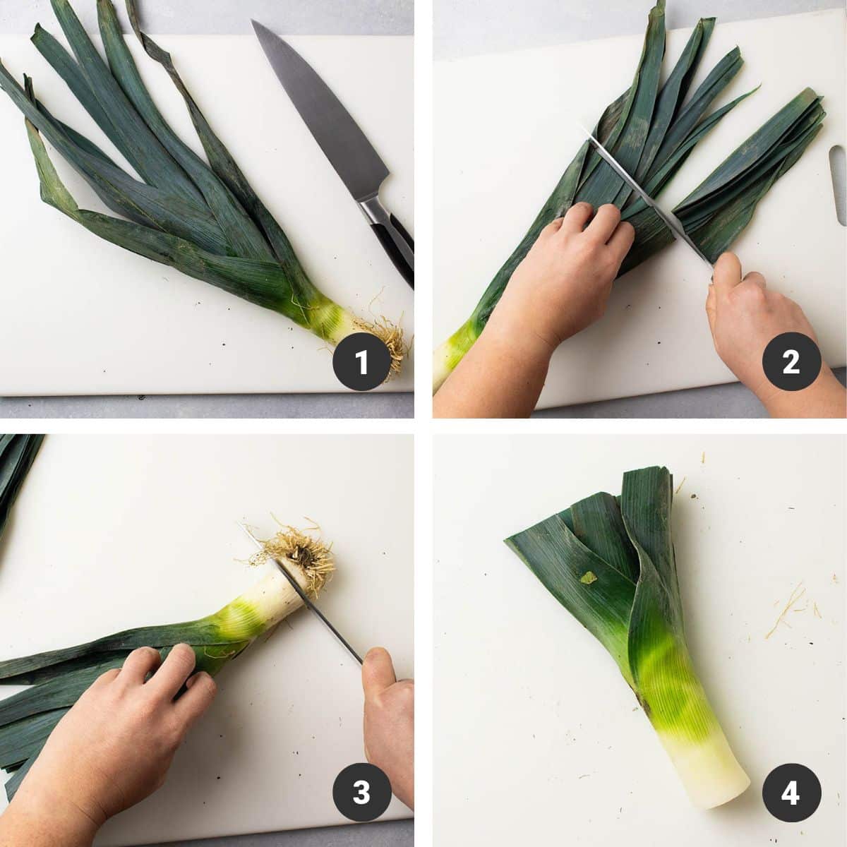 Using a knife to trim the top and bottom ends off a leek.