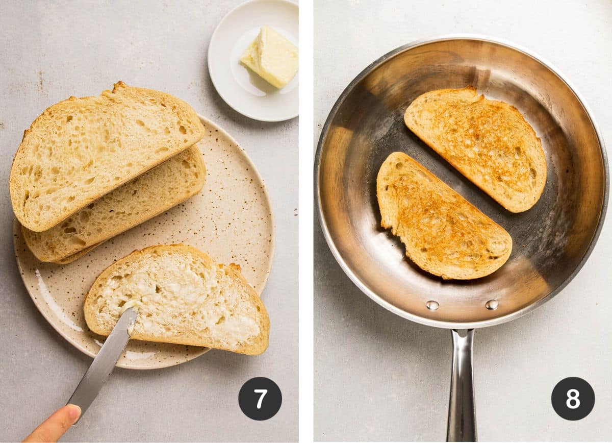 Toasting bread in a large skillet.