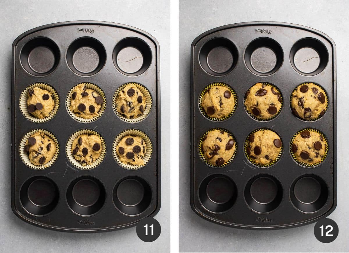 Six muffins in a black cupcake tin.
