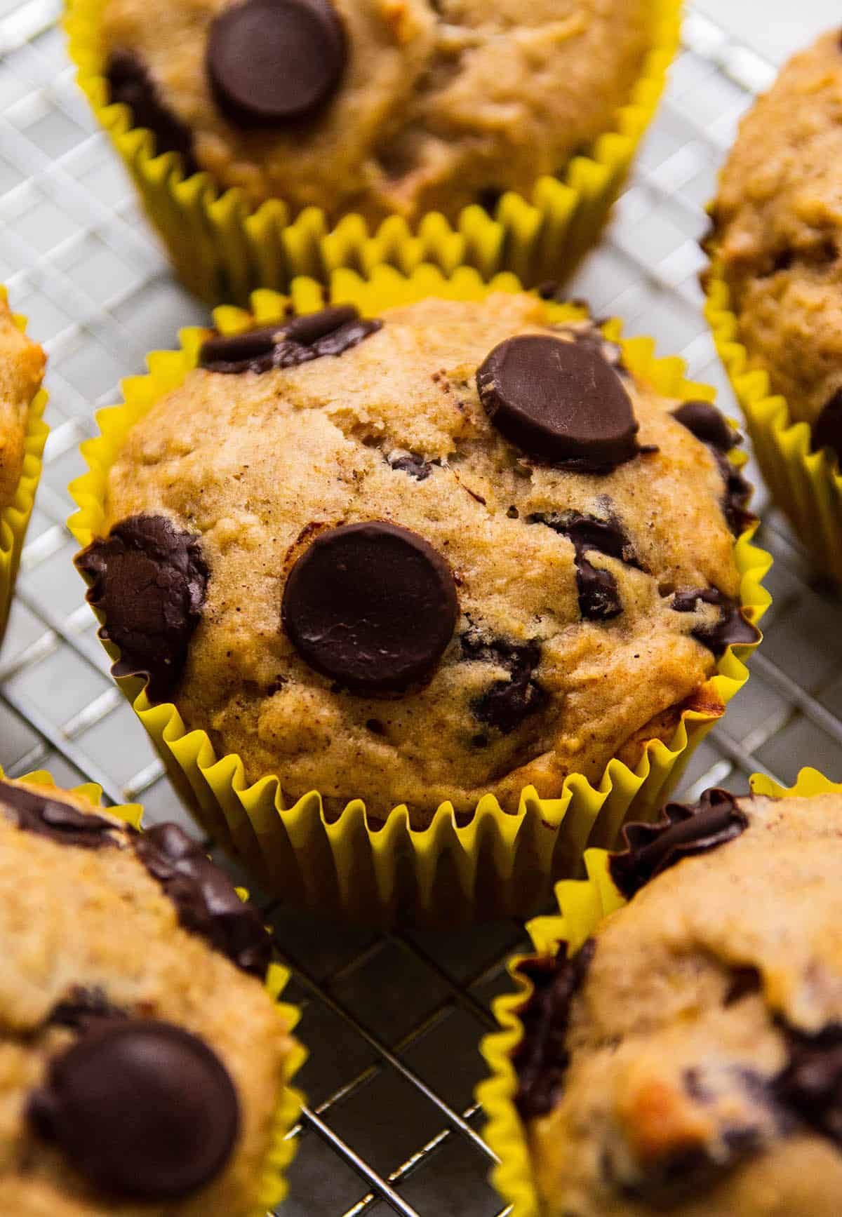 Banana chocolate chip muffins on a wire cooling rack.