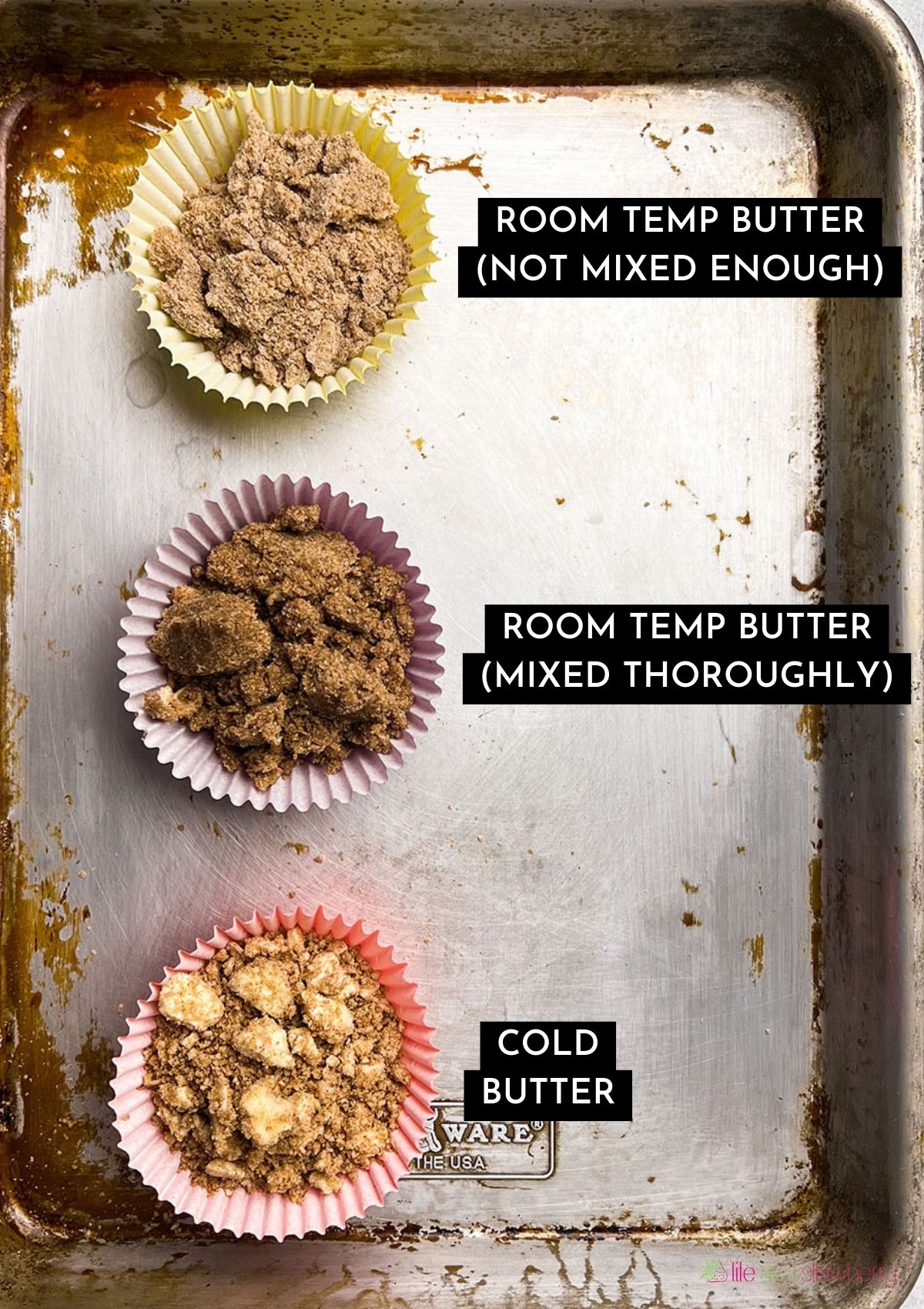 Three muffins, each with a different version of cinnamon crumble topping.