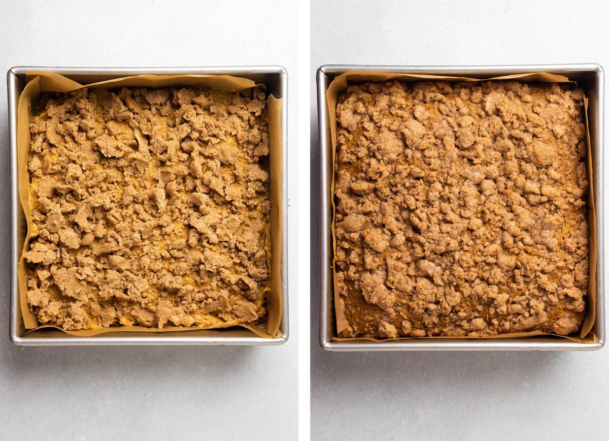 Pumpkin coffee cake, before and after baking.